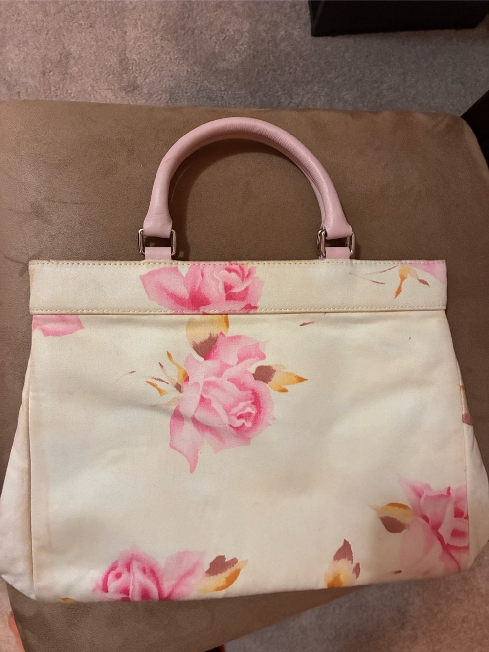 Banana Republic Cream Floral Tote with Pink Handles